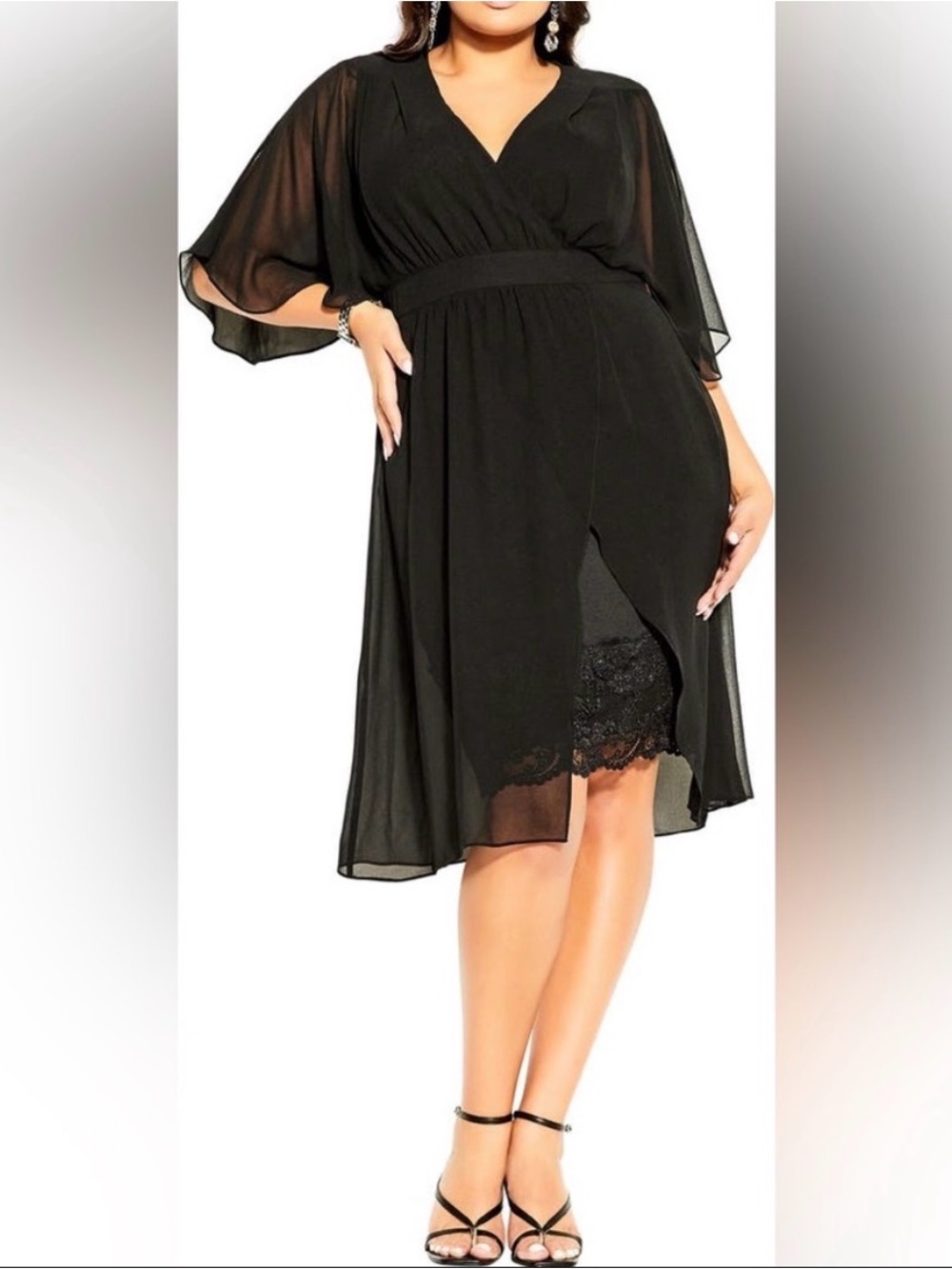 City Chic black  lace flutter sleeves imperial waist vneck work Dress